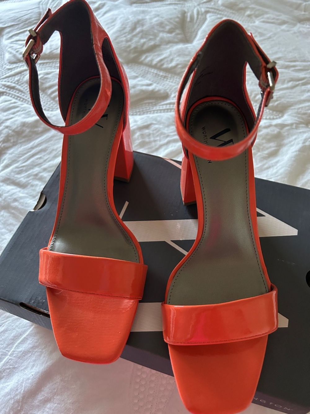 Worthington Orange Patent Ankle-Strap Block Heels